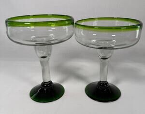 Vintage Mexican Hand Blown Glass Margarita Glasses Green Rim Green Base Set 2